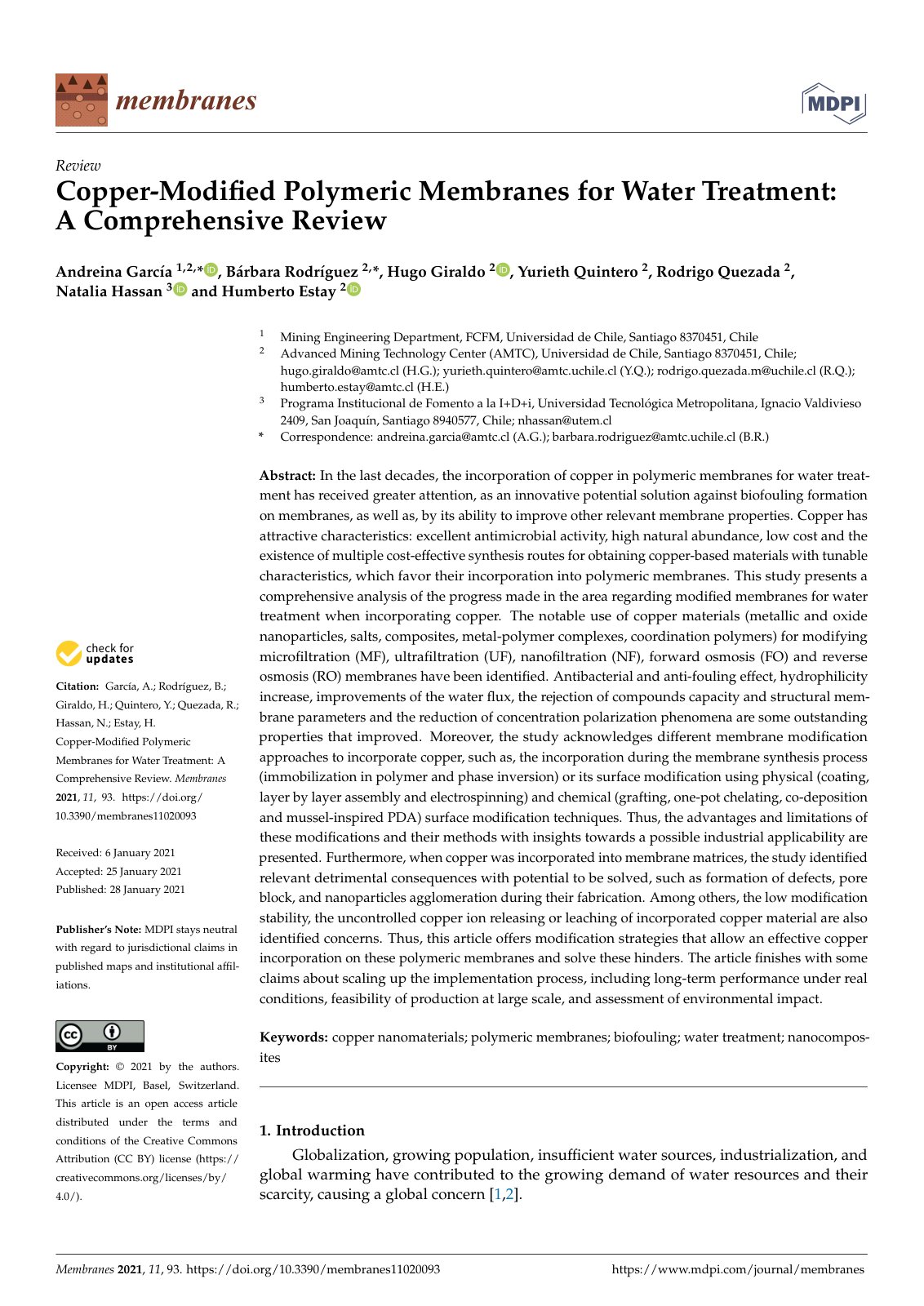 First page of Copper Modified Polymeric Membranes for