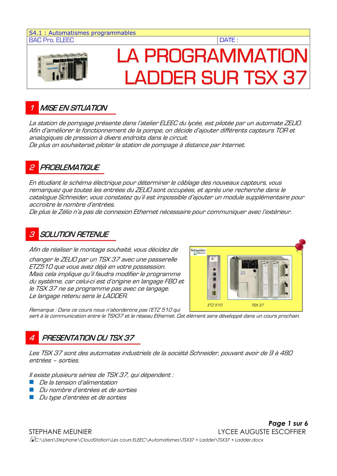 First page of programmation ladder tsx37