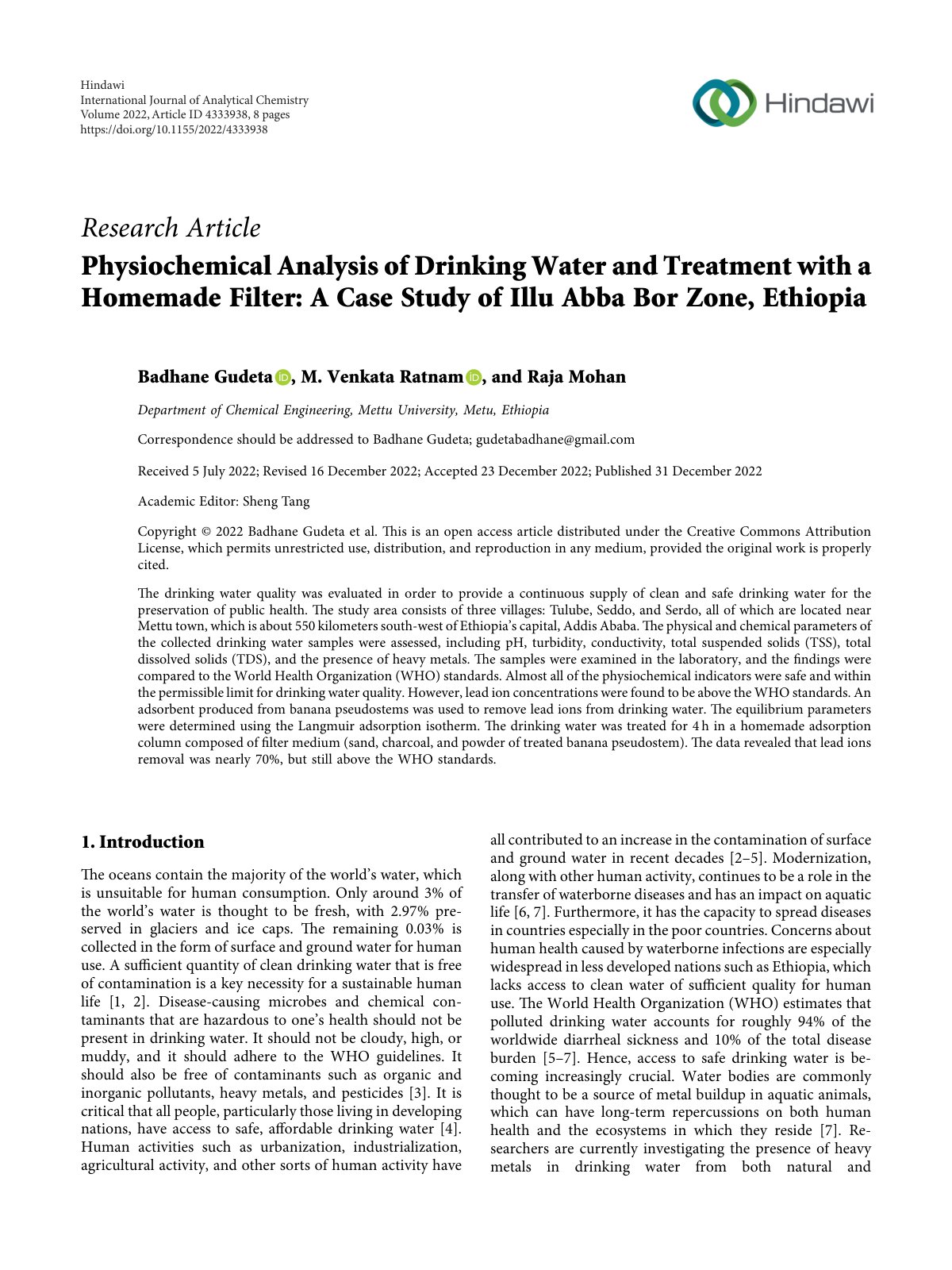 First page of Physiochemical Analysis of Drinking Wate