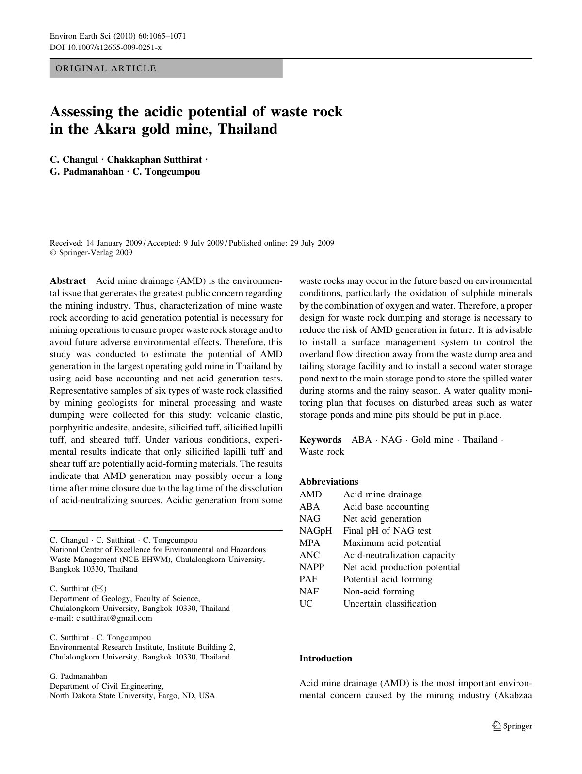 First page of Assessing the acidic potential of waste rock in the Akara gold mine, Thailand
