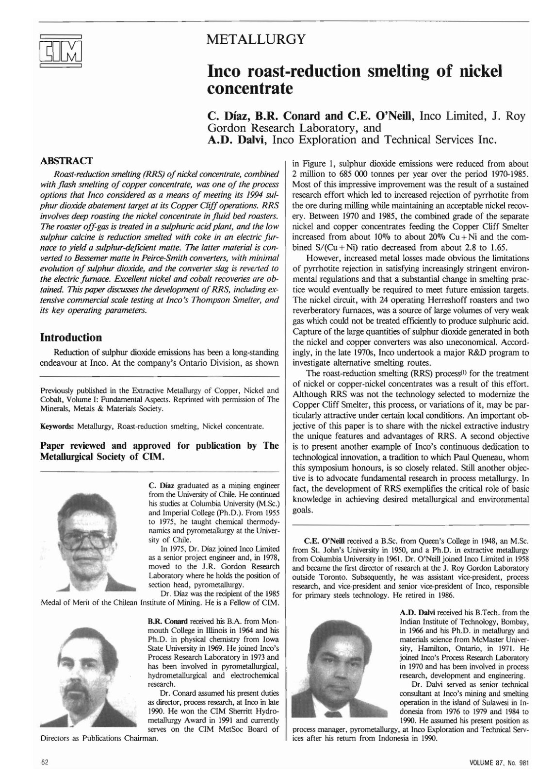 First page of Inco roast-reduction smelting of nickel concentrate