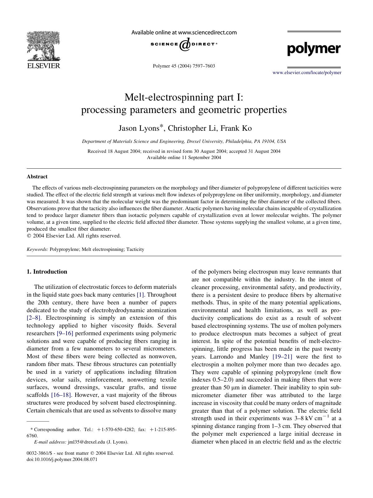 First page of Melt electrospinning part I processing p