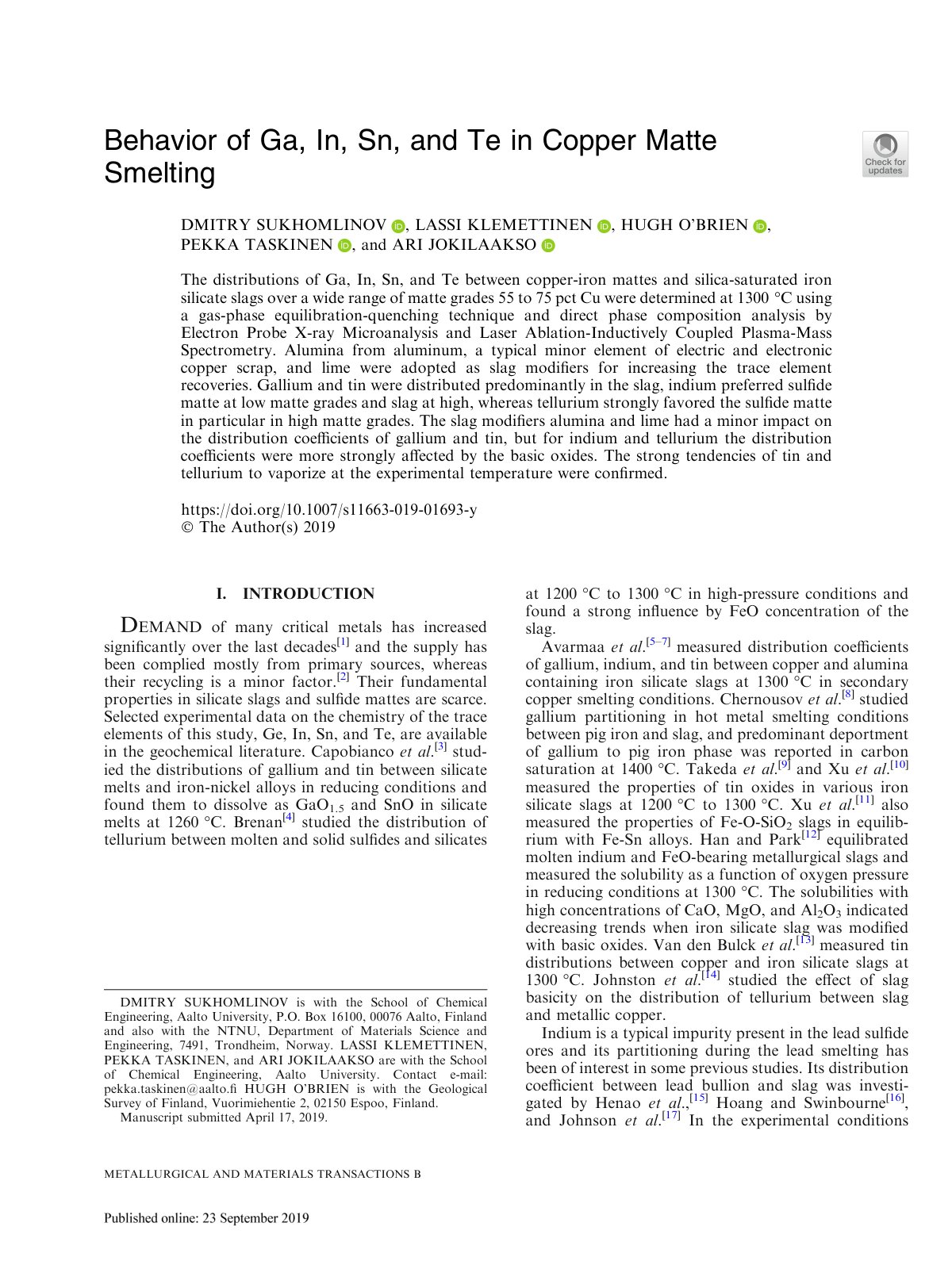 First page of Behavior of Ga In Sn and Te in Copper Ma