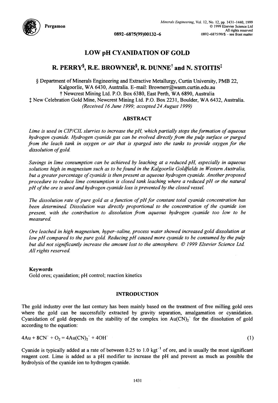 First page of LOW pH CYANIDATION OF GOLD