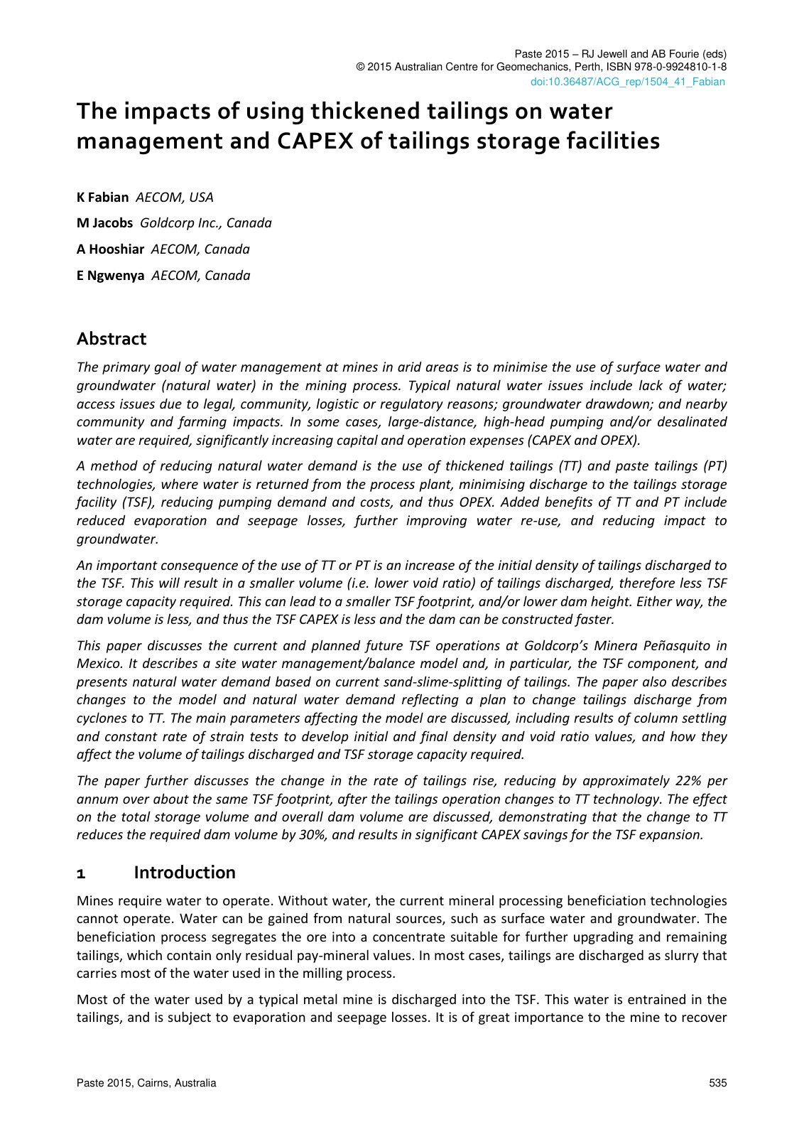 First page of The impacts of using thickened tailings