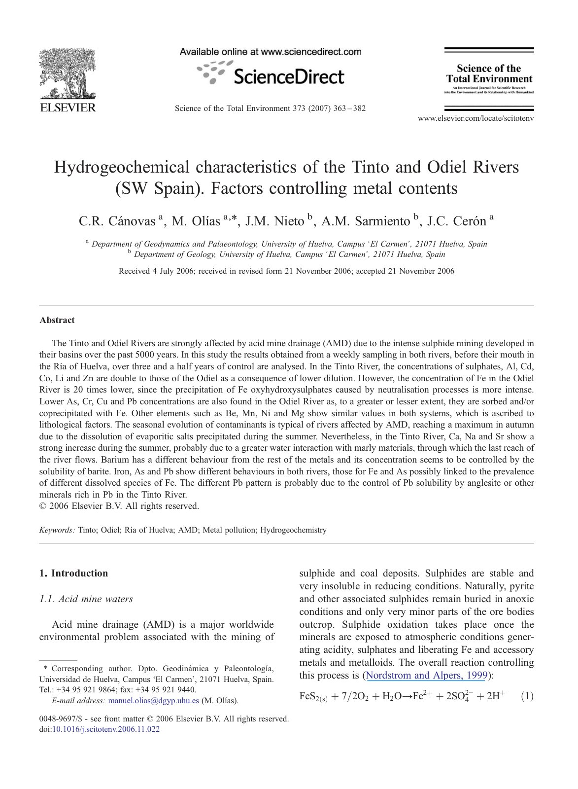 First page of Hydrogeochemical characteristics of the Tinto and Odiel Rivers (SW Spain). Factors controlling metal contents