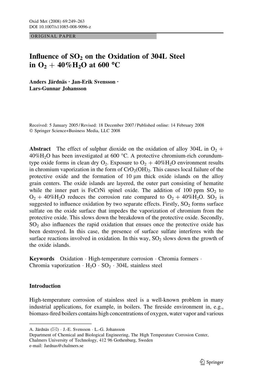 First page of Influence of SO2 on the Oxidation of 304