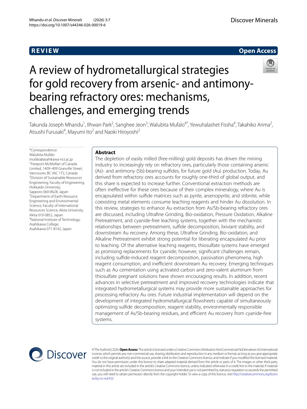 First page of A review of hydrometallurgical strategies for gold recovery from arsenic- and antimony-bearing refractory ores: mechanisms, challenges, and emerging trends