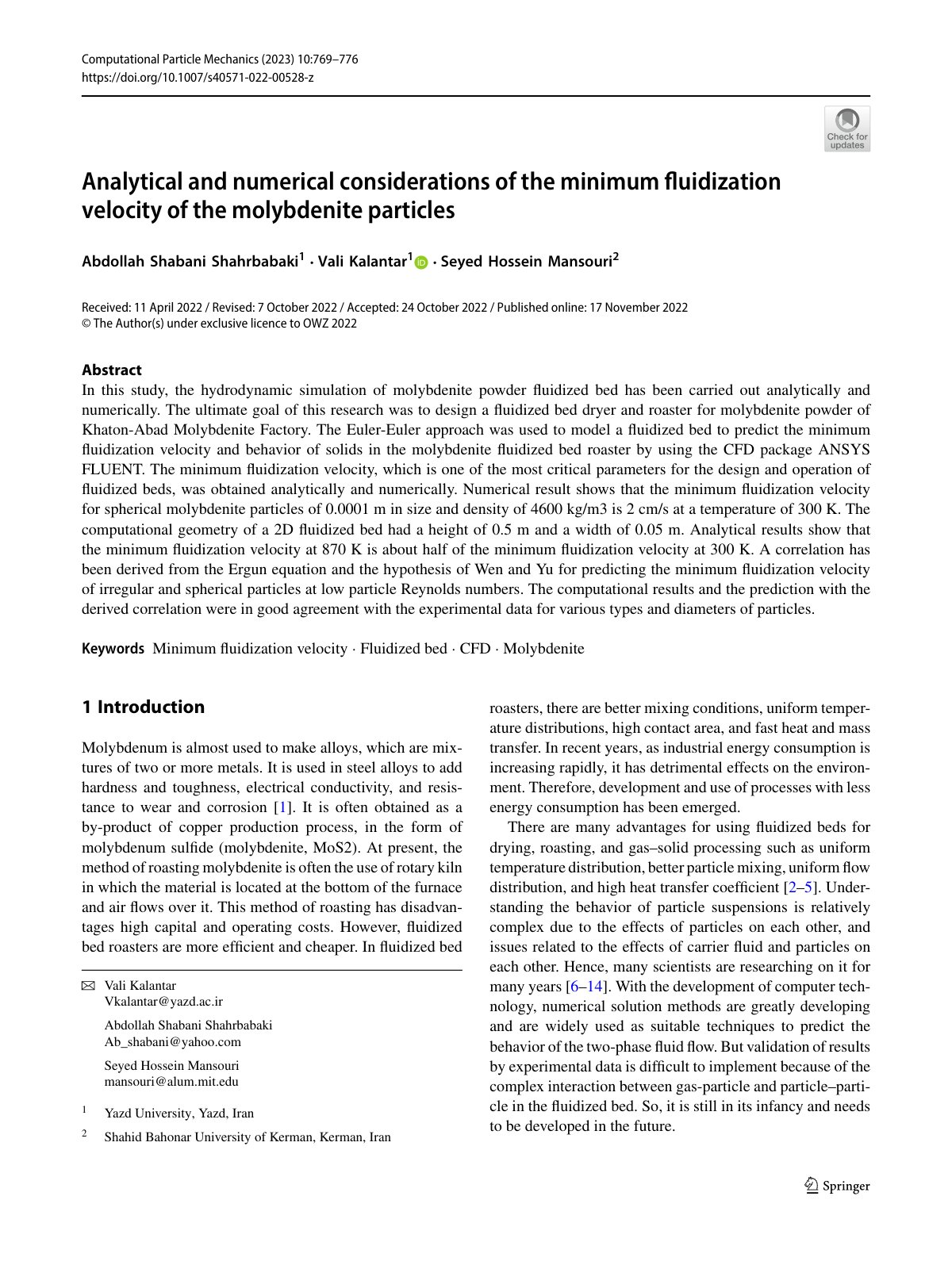 First page of Analytical and numerical considerations of the minimum fluidization velocity of the molybdenite particles