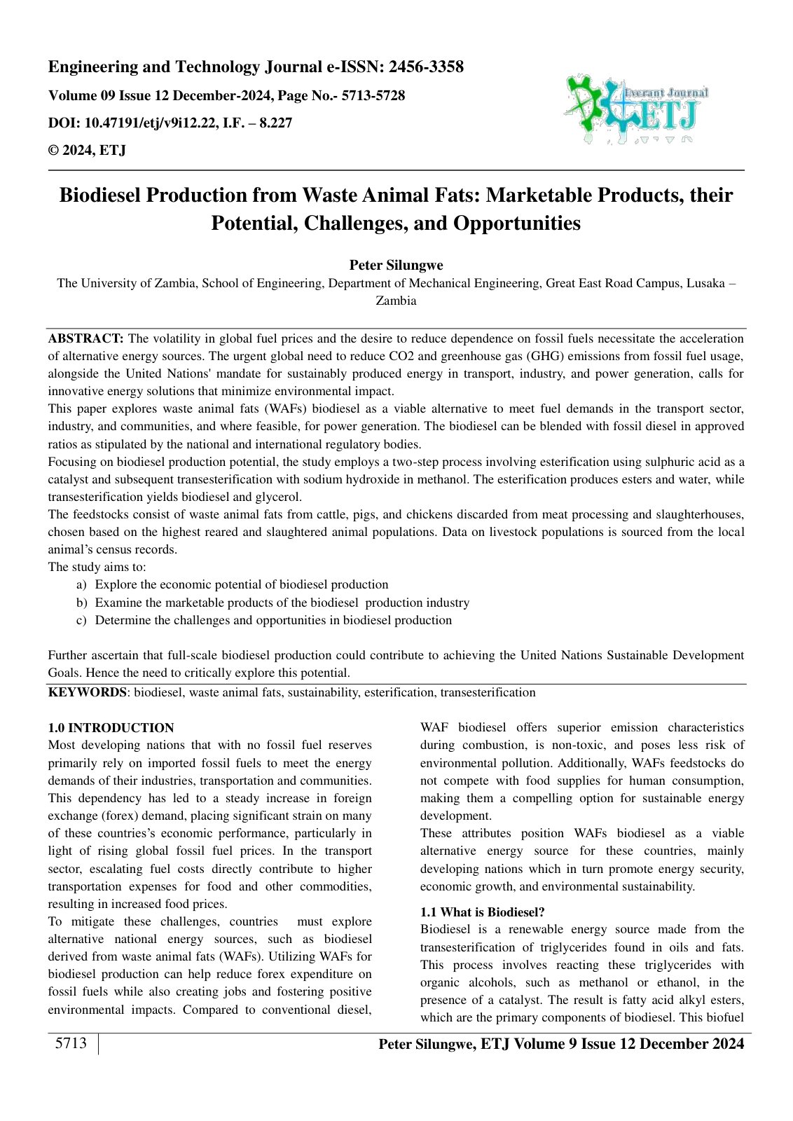 First page of Biodiesel Production from Waste Animal Fats Marketable Products, their 
