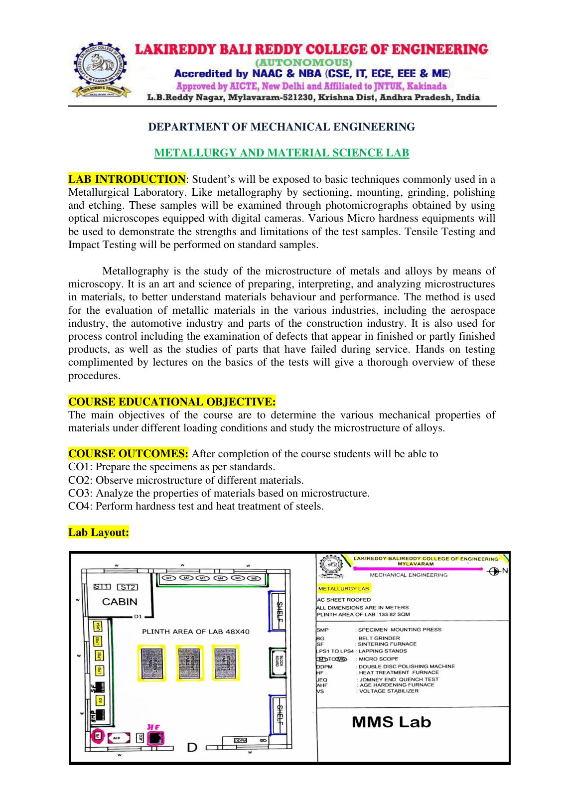 First page of DEPARTMENT OF MECHANICAL ENGINEERING