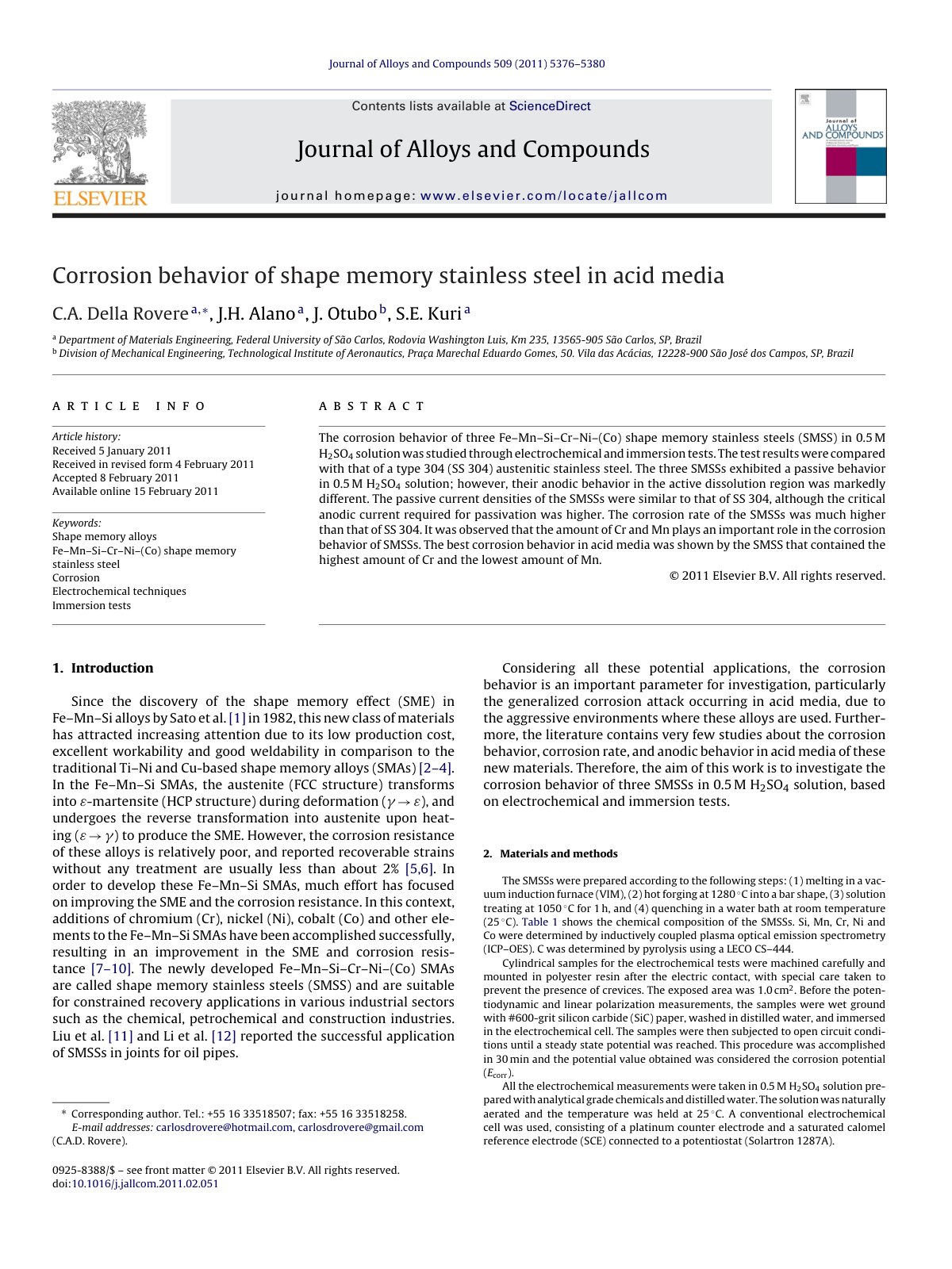 First page of Corrosion behavior of shape memory stainless steel in acid media
