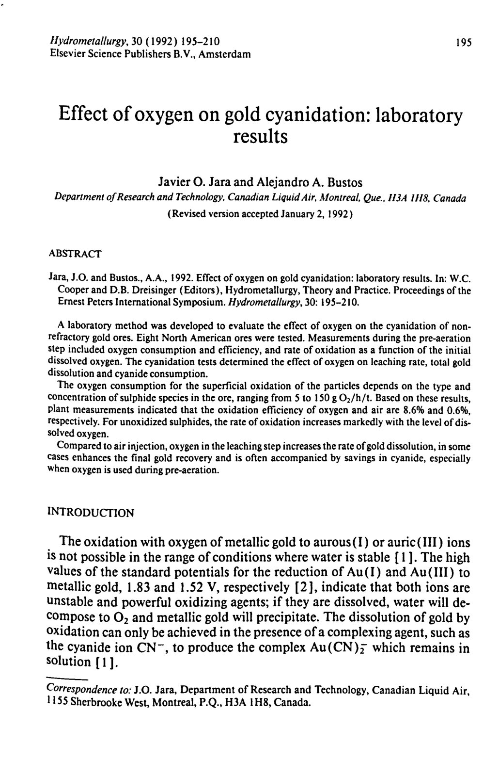 First page of Effect of oxygen on gold cyanidation lab