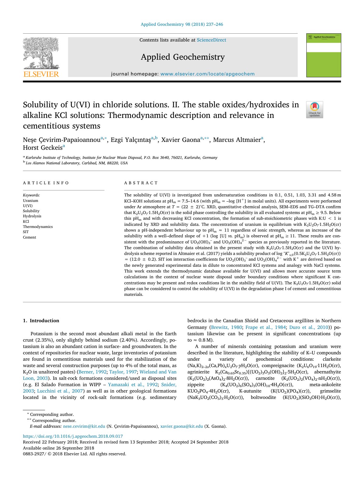 First page of Solubility of U(VI) in chloride solutions. II. The stable oxides/hydroxides in alkaline KCl solutions: Thermodynamic description and relevance in cementitious systems