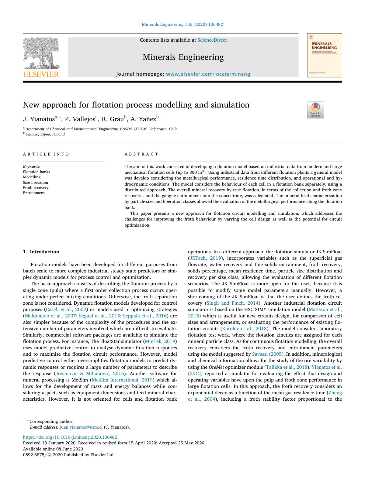 First page of New approach for flotation process modelling and simu 2020 Minerals Engineer