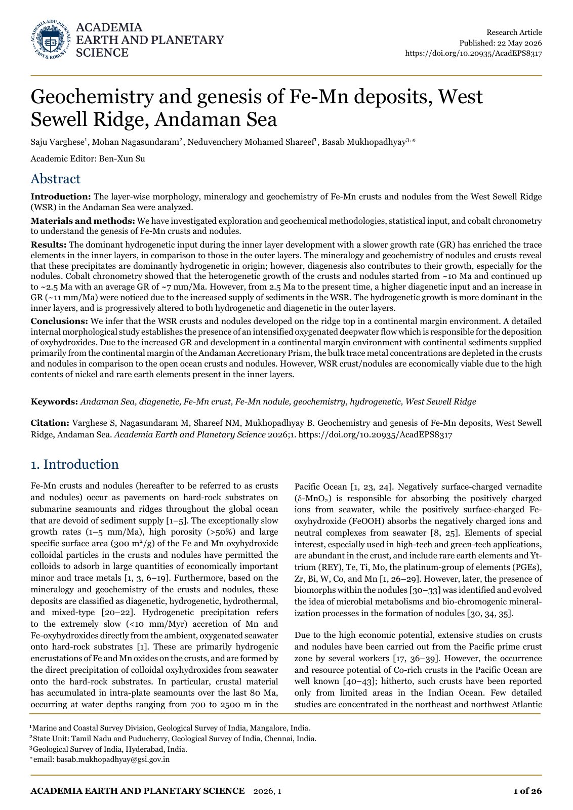 First page of Geochemistry and genesis of Fe-Mn deposits, West Sewell Ridge, Andaman Sea
