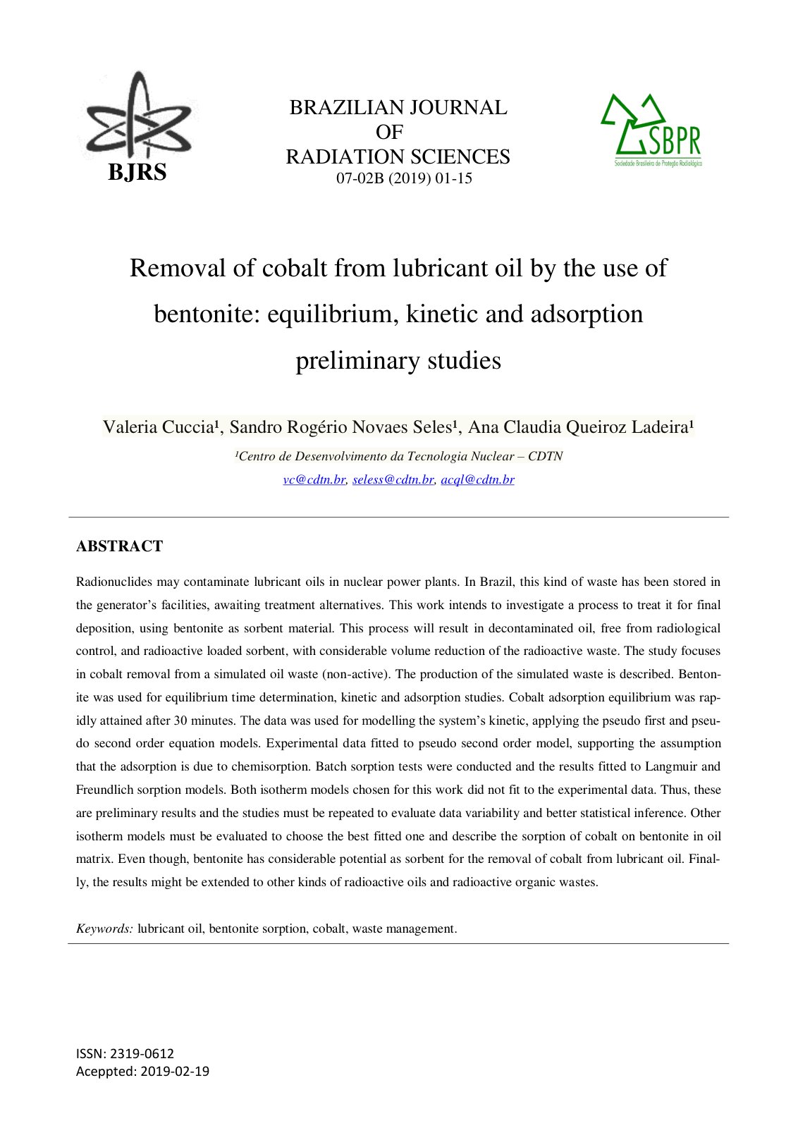 First page of Removal of cobalt from lubricant oil by