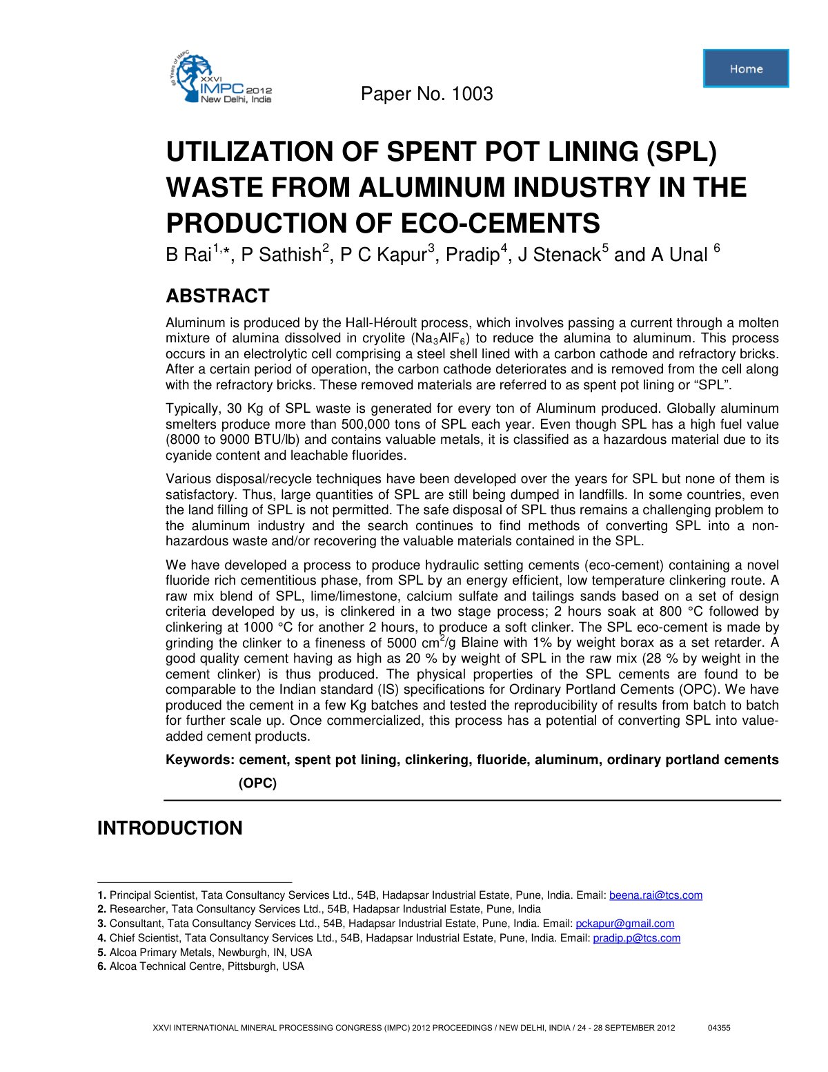 First page of UTILIZATION OF SPENT POT LINING (SPL) WASTE FROM ALUMINUM INDUSTRY IN THE PRODUCTION OF ECO-CEMENTS