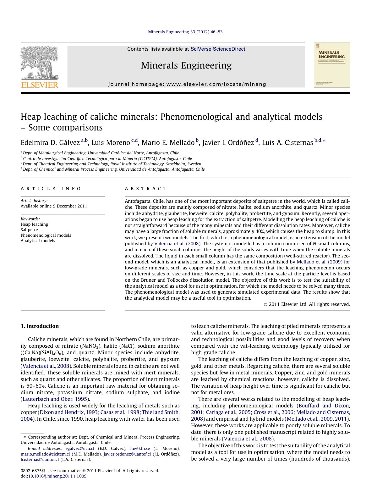 First page of Heap leaching of caliche minerals: Phenomenological and analytical models – Some comparisons