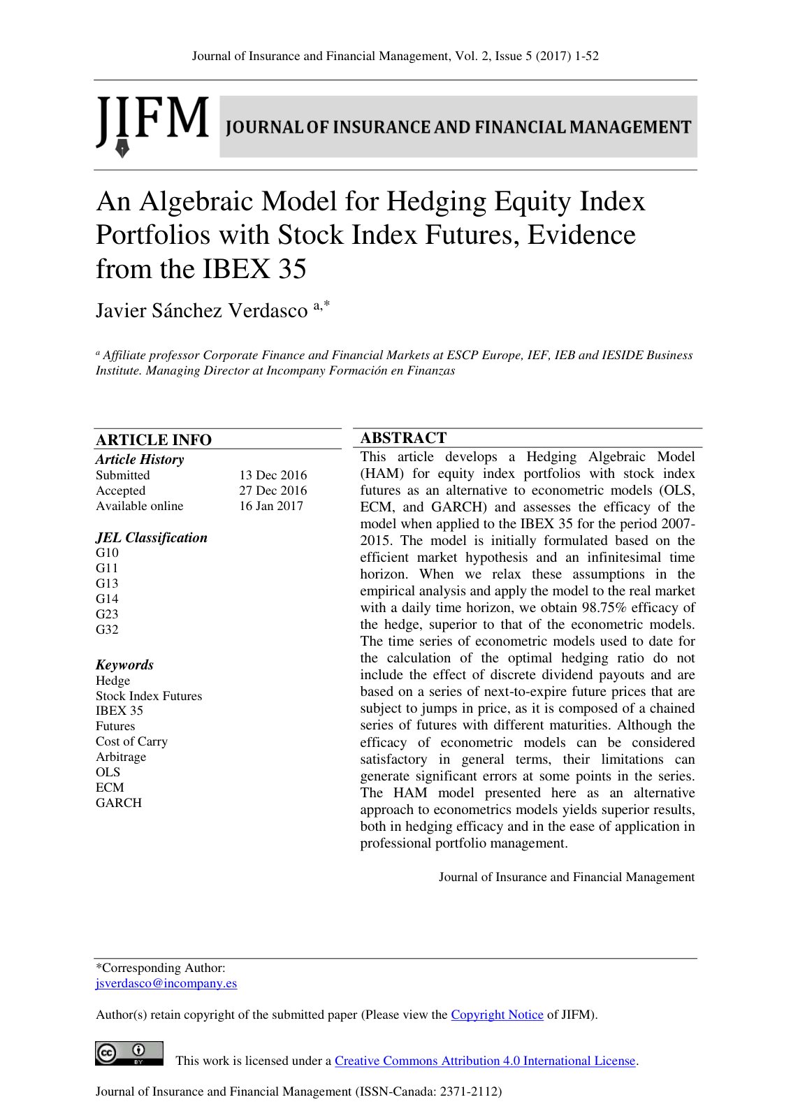 First page of An Algebraic Model for Hedging Equity In