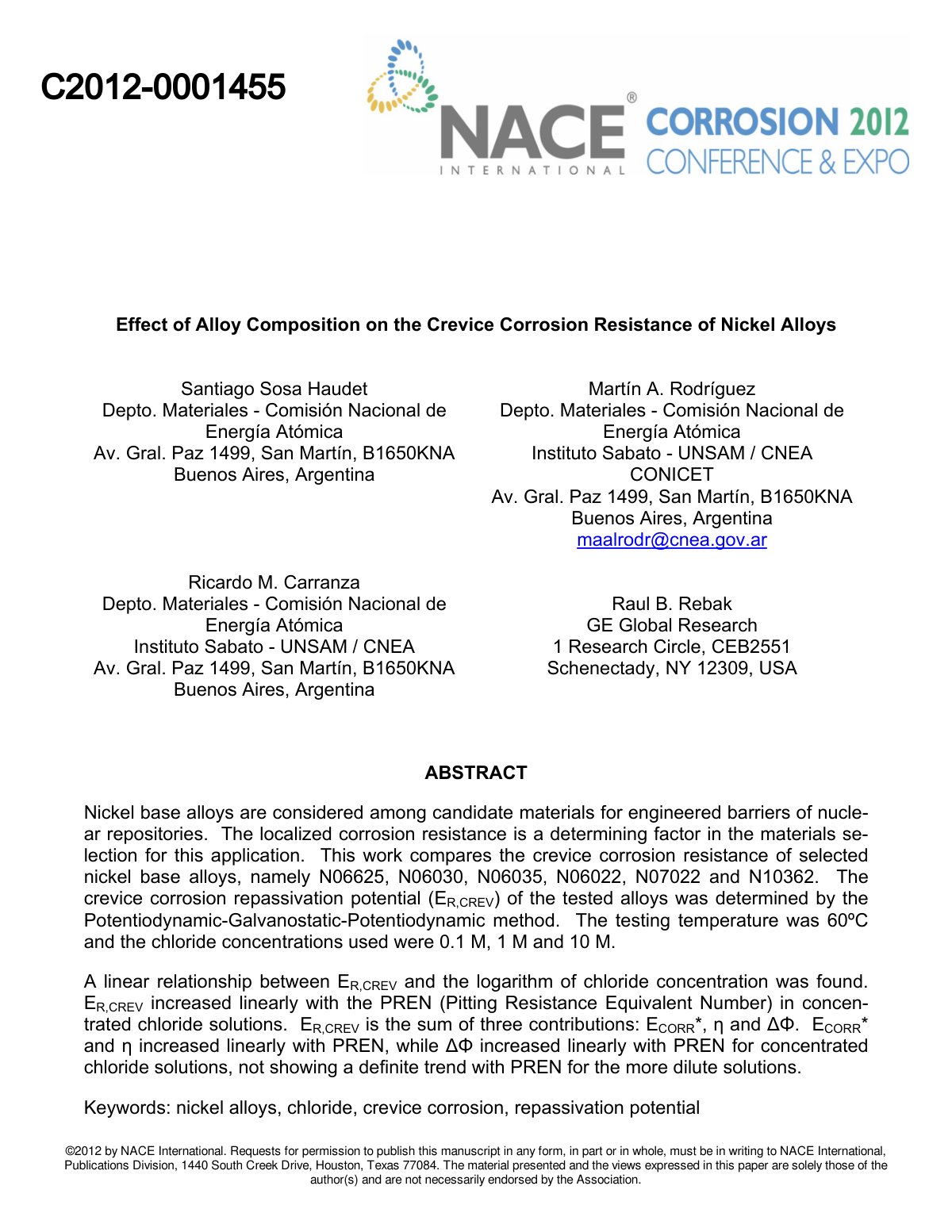 First page of Effect of Alloy Composition on the Crevice Corrosion Resistance of Nickel Alloys