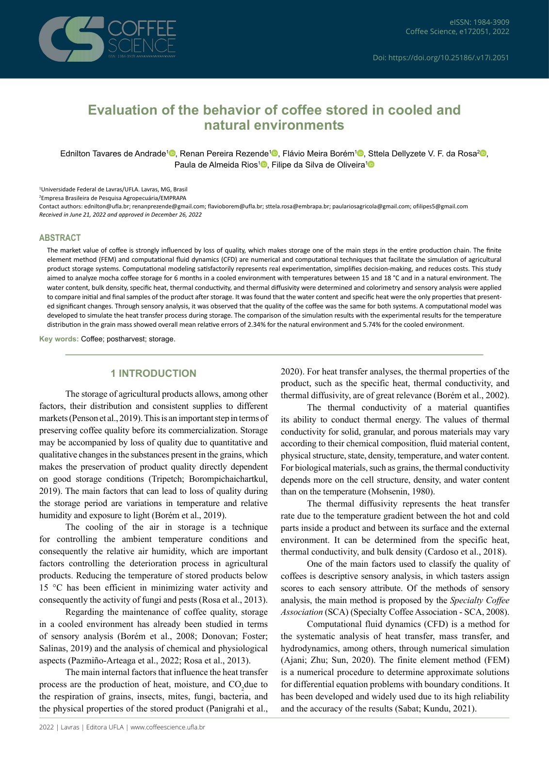 First page of Evaluation of the behavior of coffee stored in cooled and natural environments