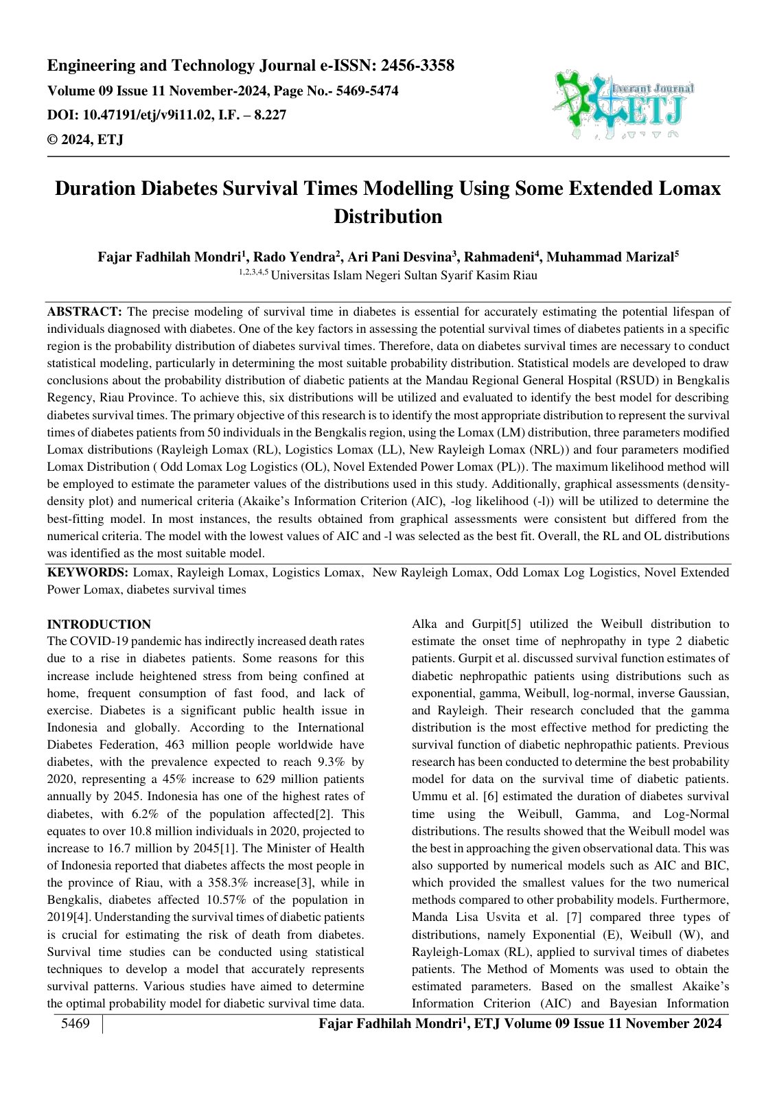 First page of Duration Diabetes Survival Times Modelling Using Some Extended Lomax 