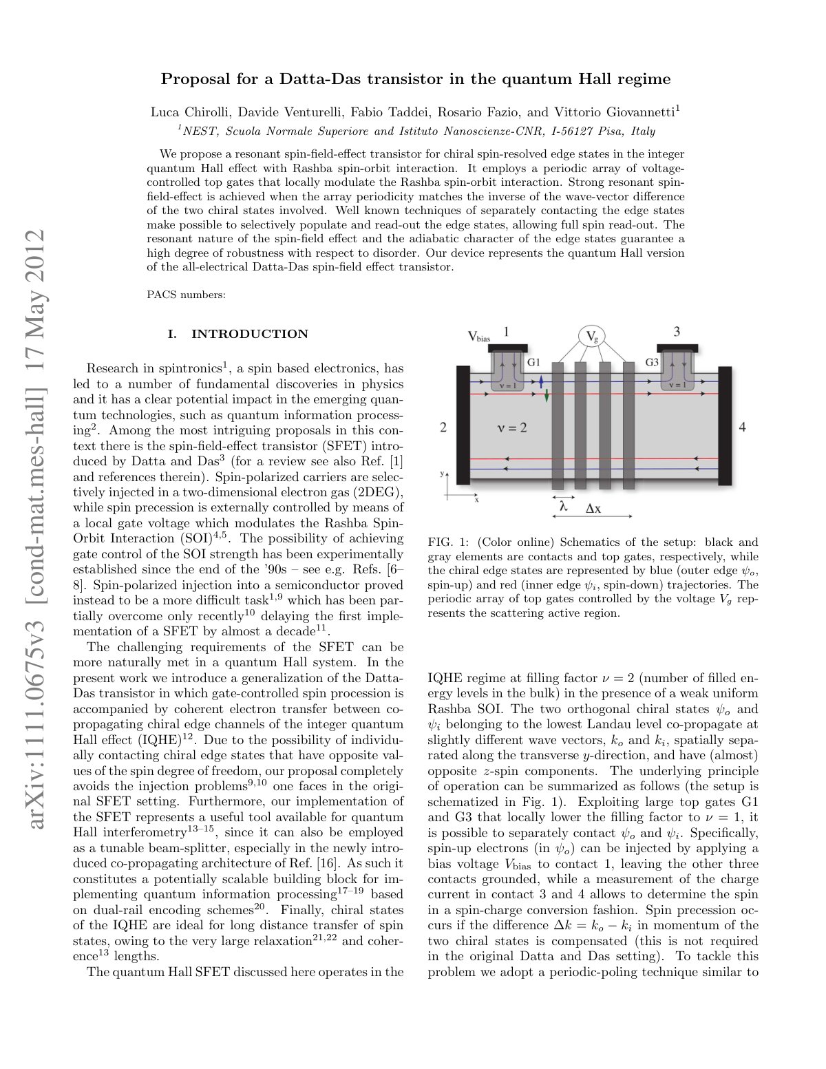 First page of Proposal for a Datta-Das transistor in the quantum Hall regime