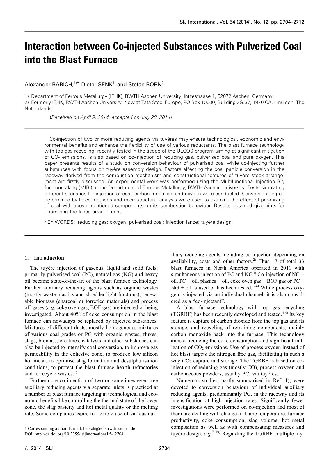 First page of 2014 Alexander Babich Interaction between Co injected Substances with Pulverized Coal into the Blast Furnace isijinternational.54.2704