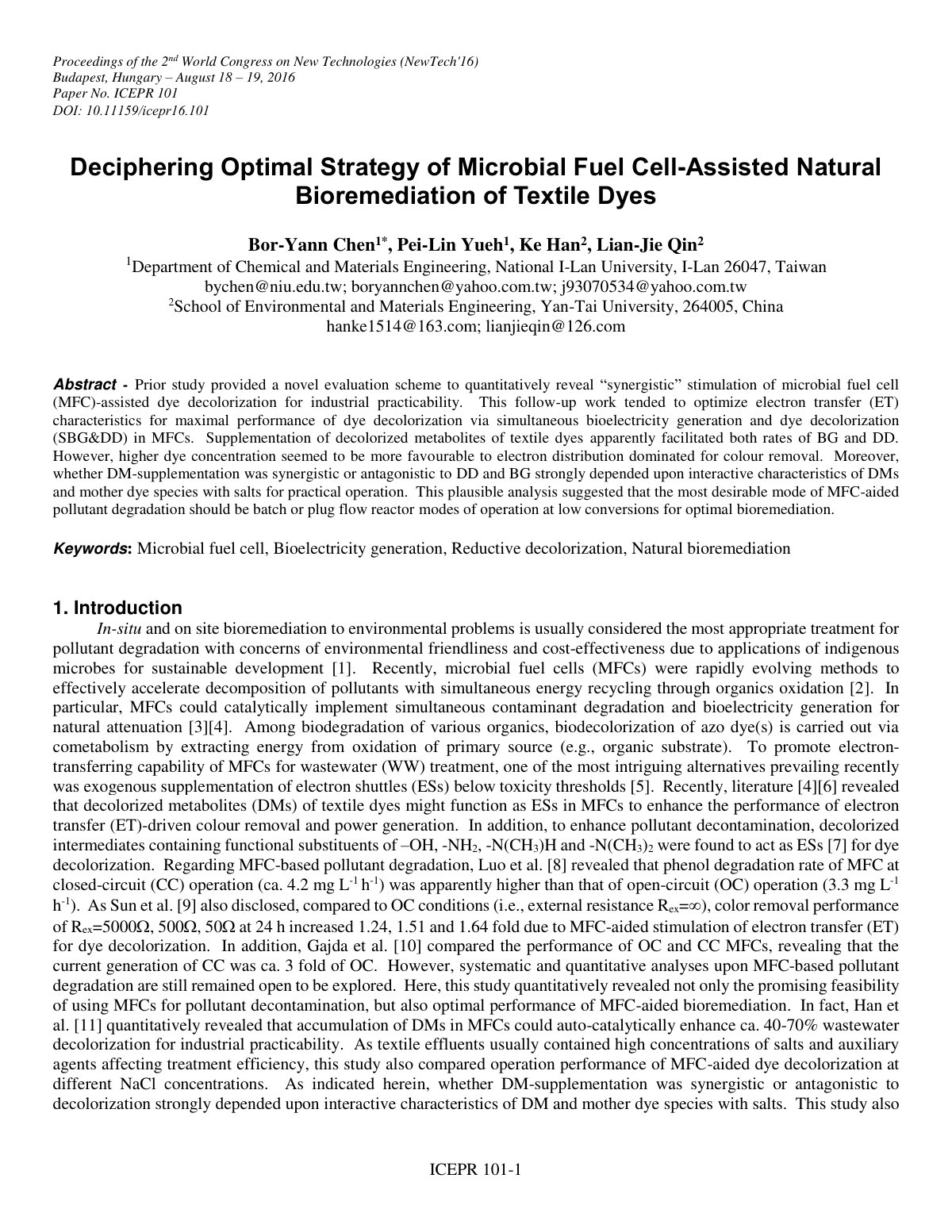 First page of Deciphering Optimal Strategy of Microbial Fuel Cell-Assisted Natural Bioremediation of Textile Dyes