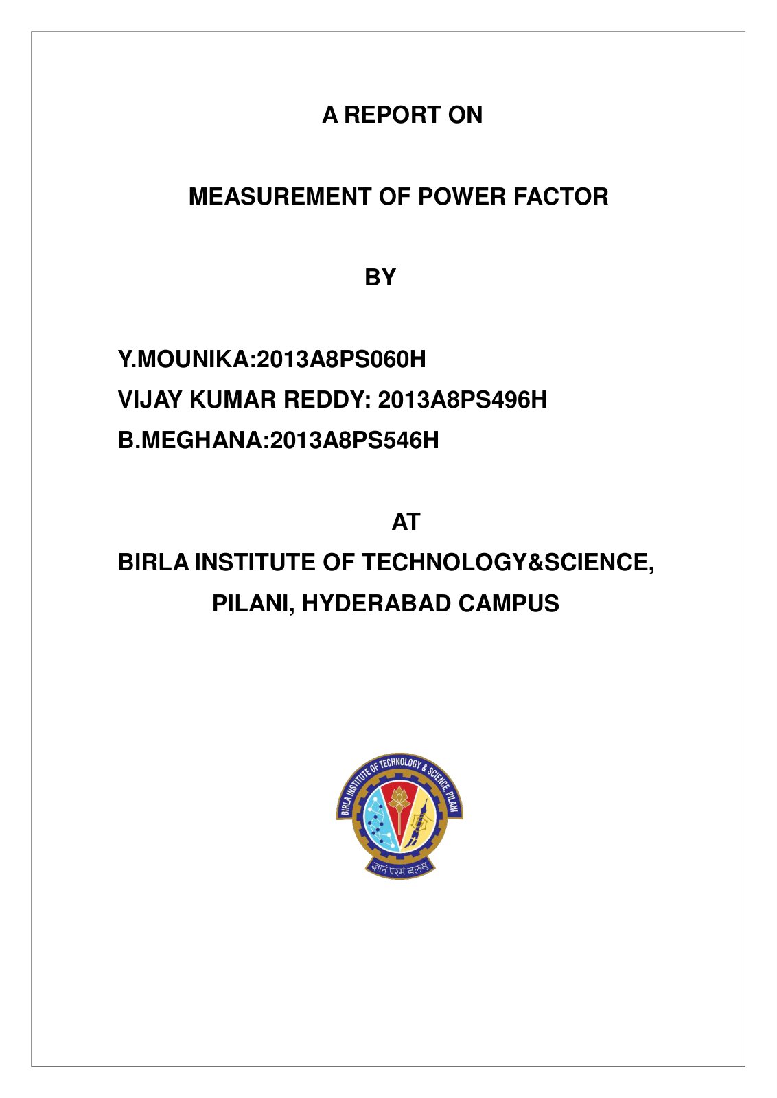 First page of A REPORT ON MEASUREMENT OF POWER FACTOR