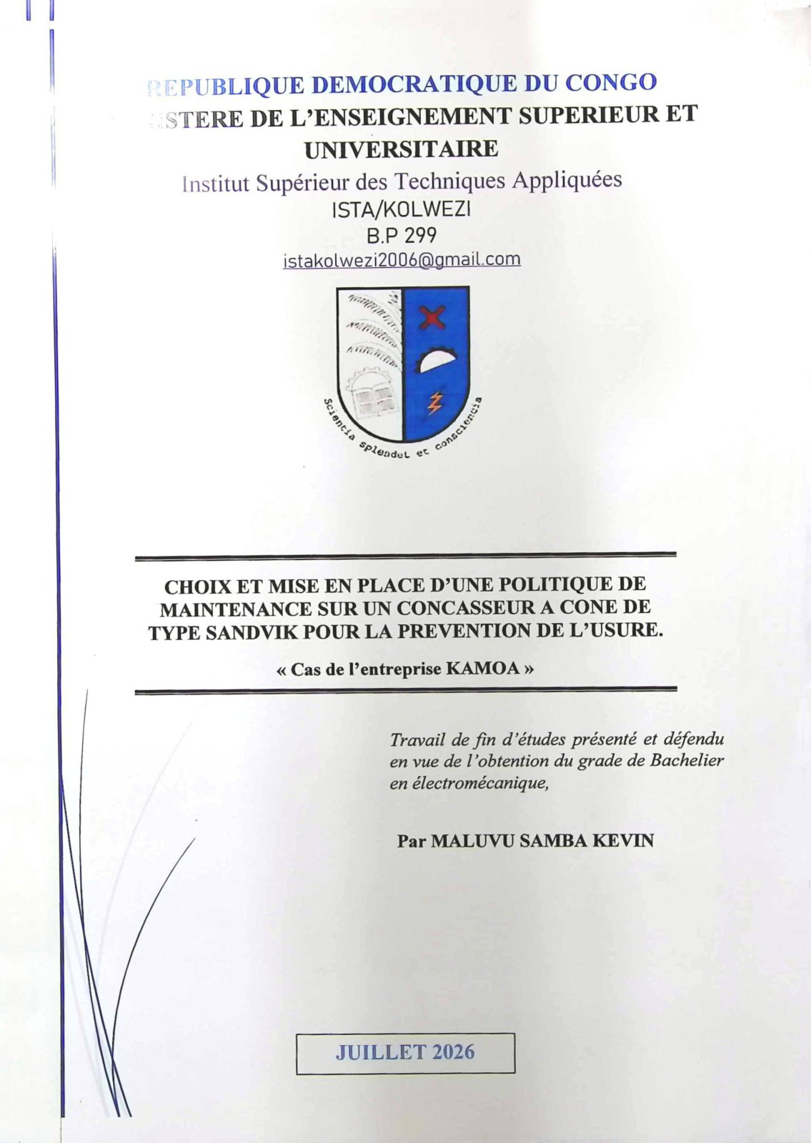 First page of CHOIX ET MISE EN PLACE D'UNE POLITIQUE DE MAINTENANCE SUR UN CONCASSEUR A CONE DE TYPE SANDVIK POUR LA PREVENTION DE L'USURE. « Cas de l'entreprise KAMOA »