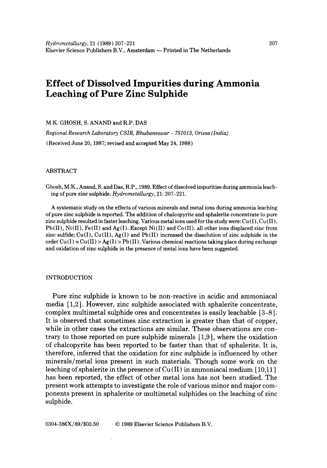 First page of Effect of Dissolved Impurities during Ammonia Leaching of Pure Zinc Sulphide