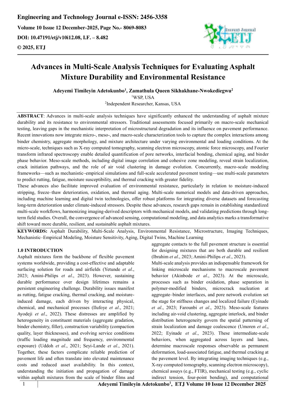 First page of Advances in Multi-Scale Analysis Techniques for Evaluating Asphalt  Mixture Durability and Environmental Resistance  