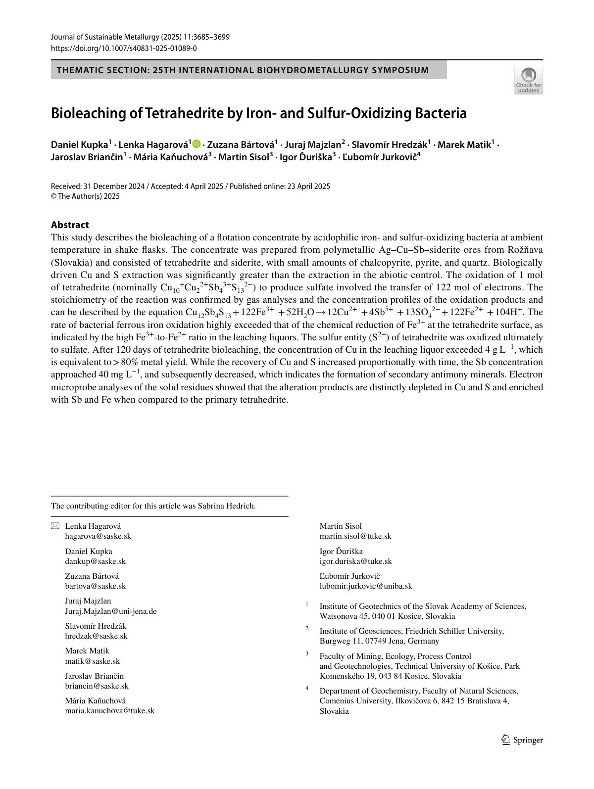 First page of Bioleaching of&nbsp;Tetrahedrite by&nbsp;Iron‑ and&nbsp;Sulfur‑Oxidizing Bacteria