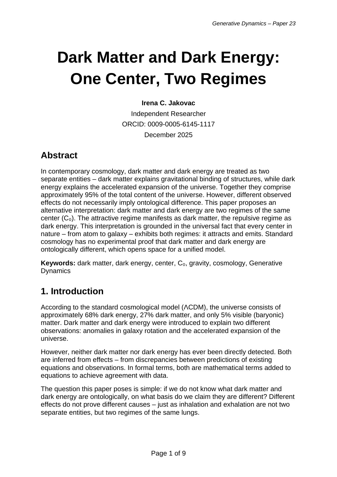 First page of Dark Matter and Dark Energy One Center T