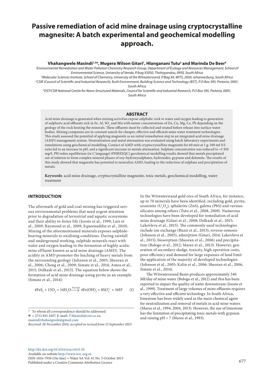 First page of Passive remediation of acid mine drainage using cryptocrystalline magnesite: A batch experimental and geochemical modelling approach.