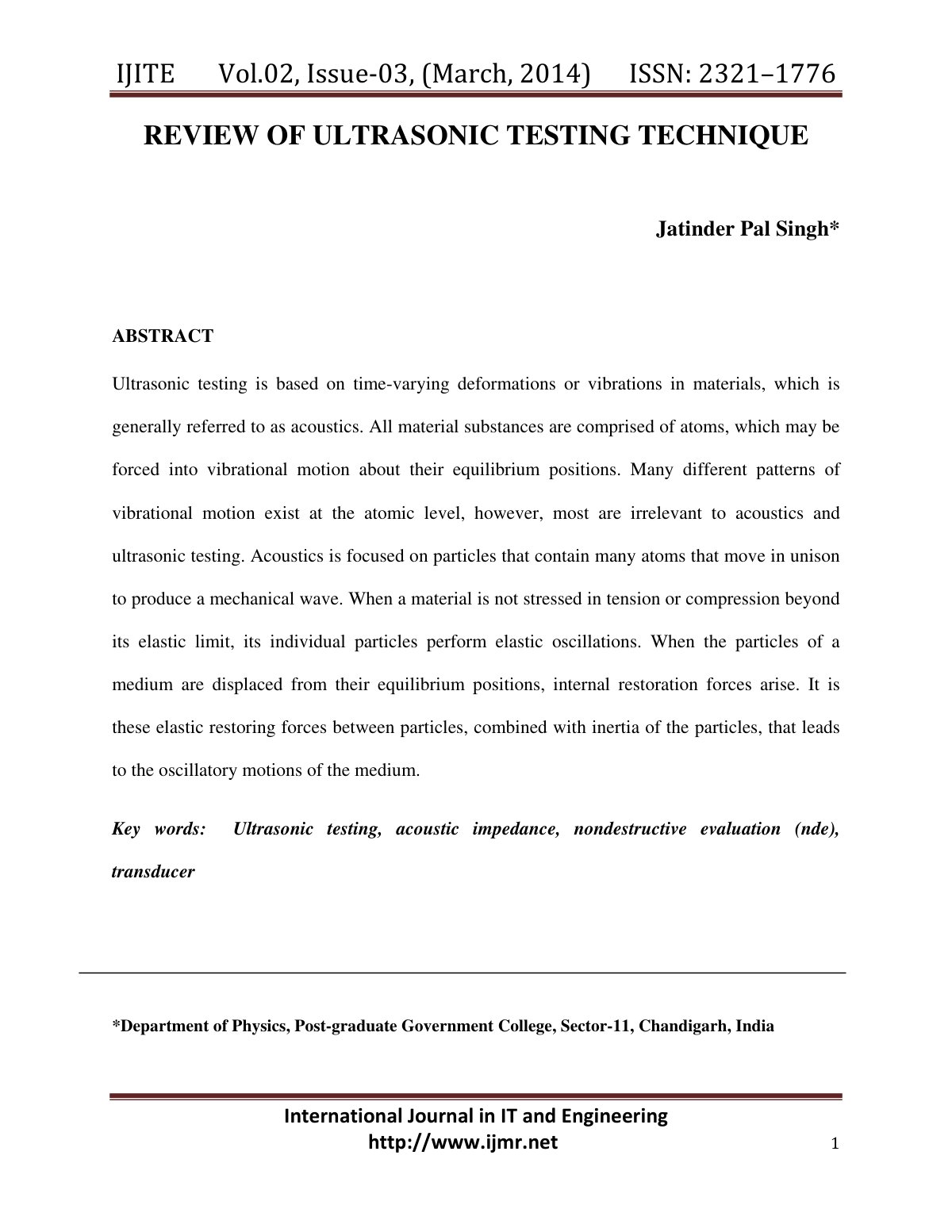First page of REVIEW OF ULTRASONIC TESTING TECHNIQUE