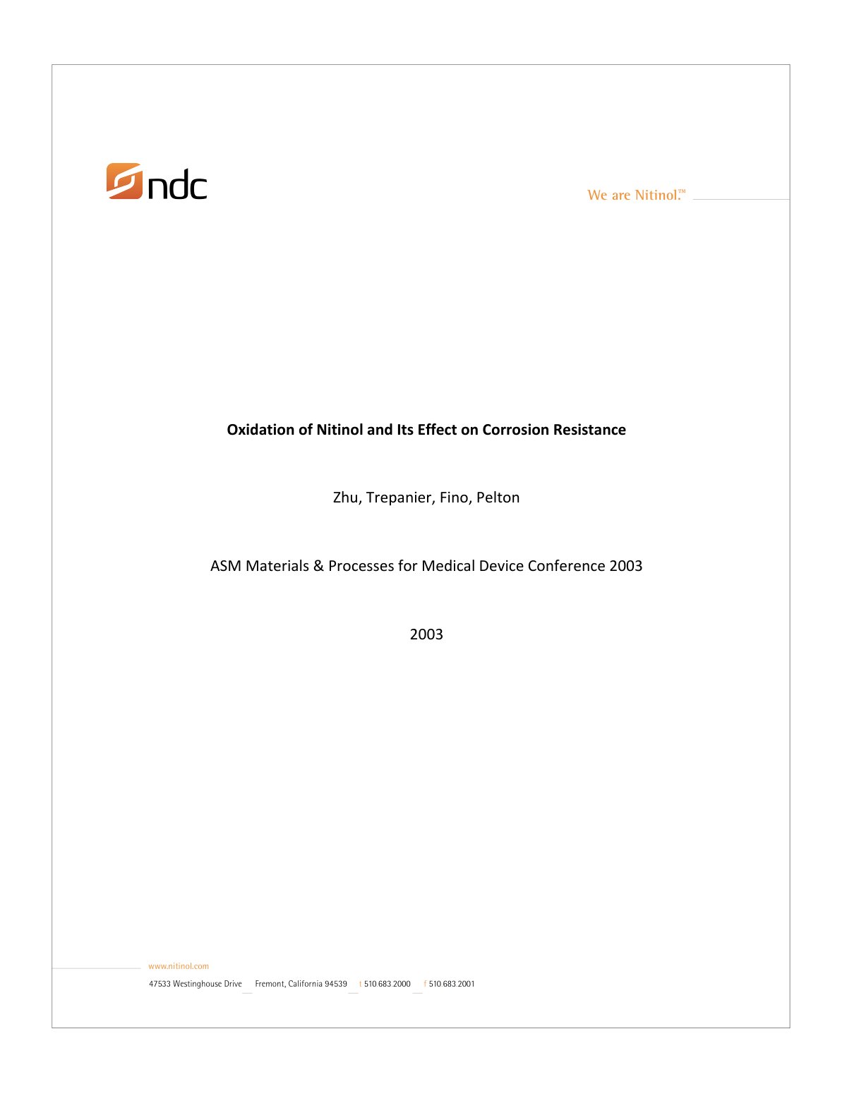 First page of Oxidation of Nitinol and its Effect on Corrosion Resistance
