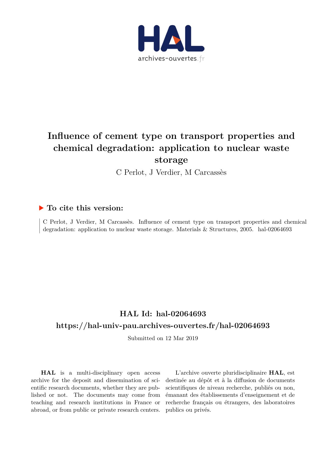 First page of Influence of cement type on transport properties and chemical degradation: application to nuclear waste storage