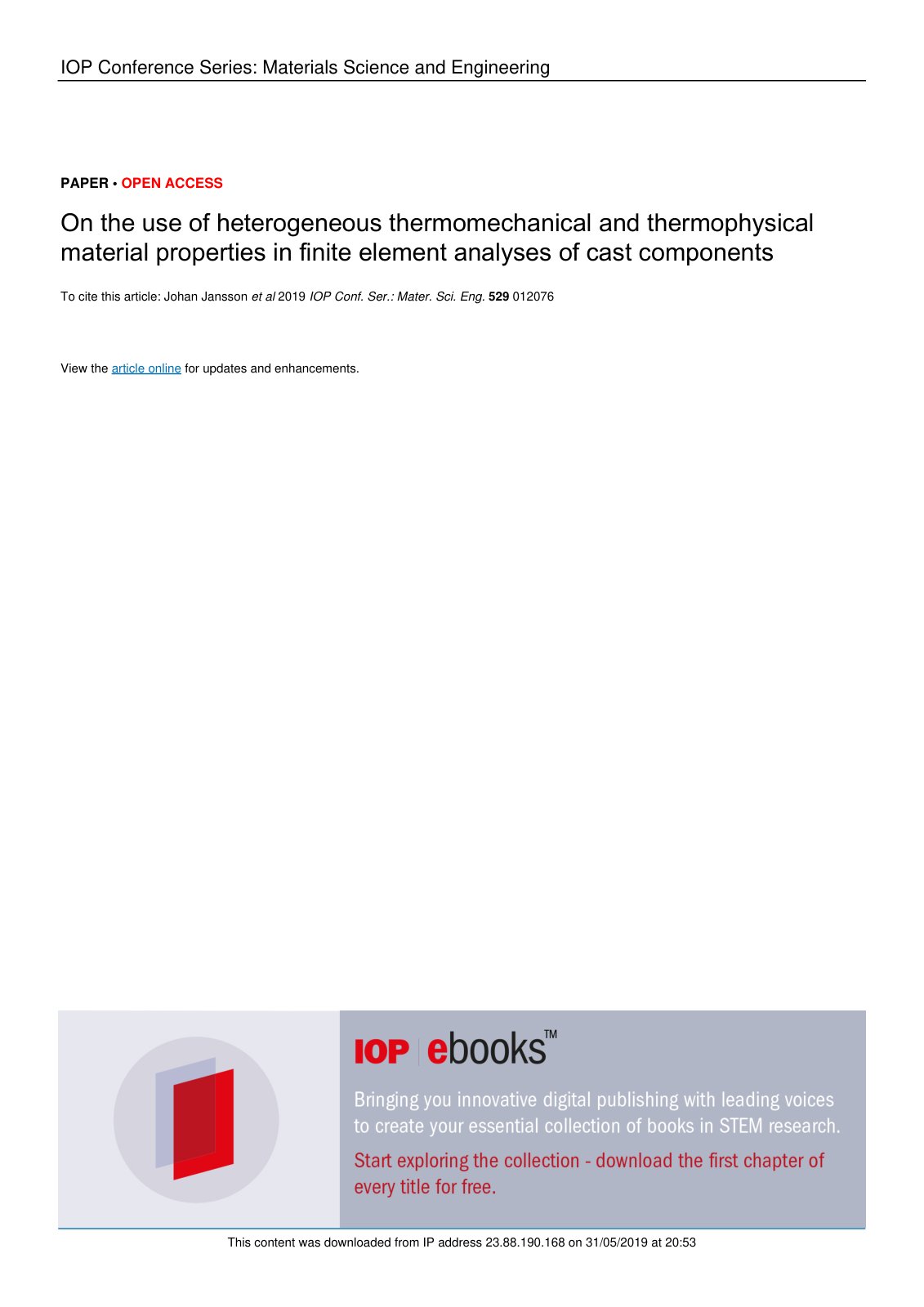 First page of On the use of heterogeneous thermomechanical and thermophysical material properties in finite element analyses of cast components