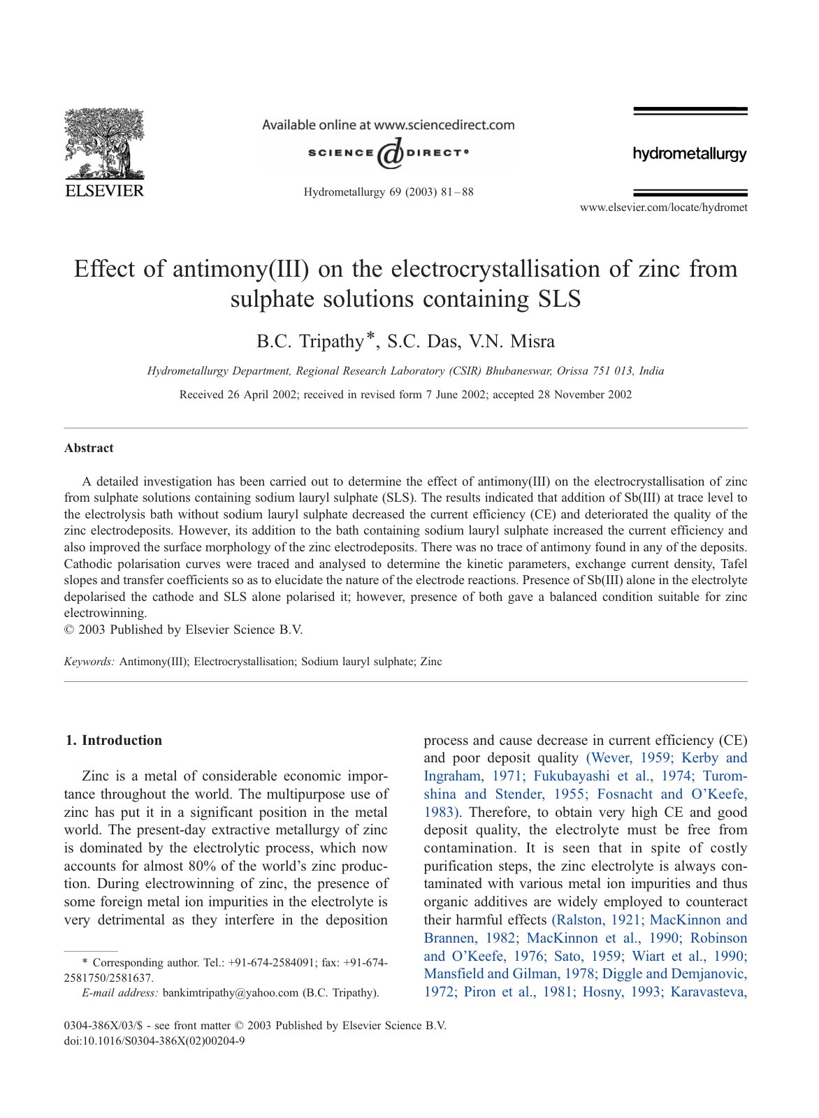 First page of Effect of antimony III on the electrocry