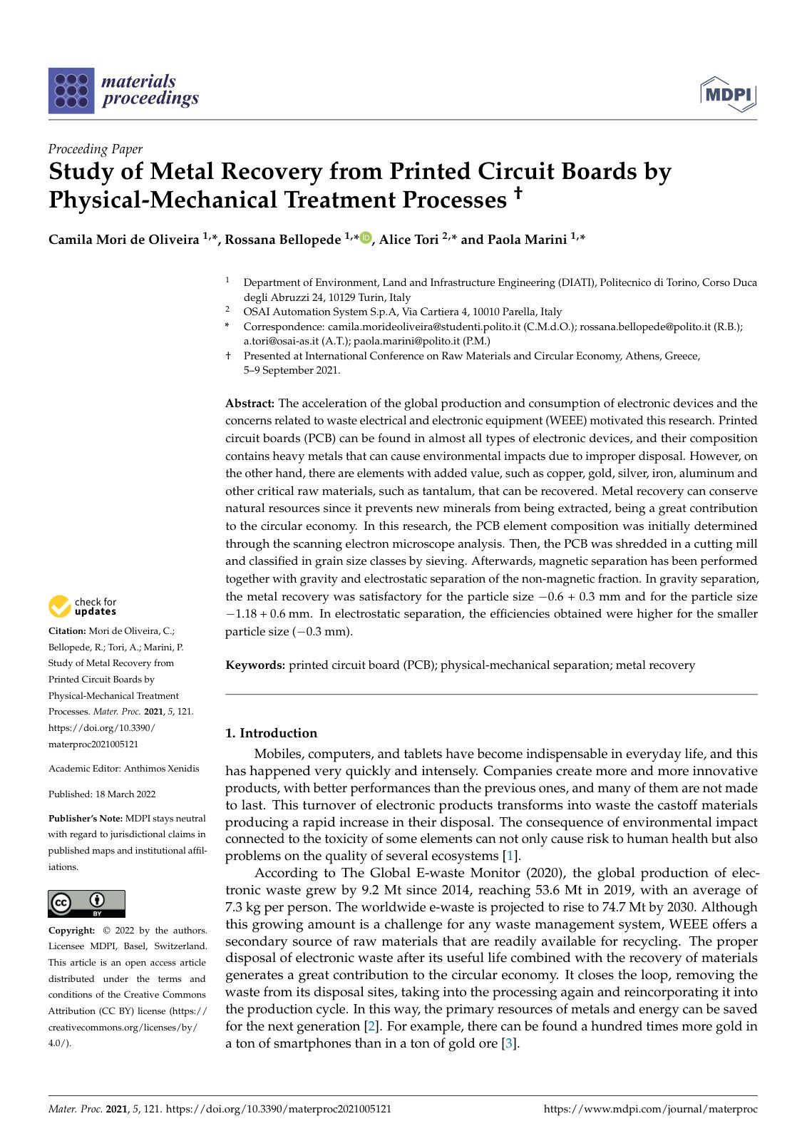 First page of Study of Metal Recovery from Printed Cir