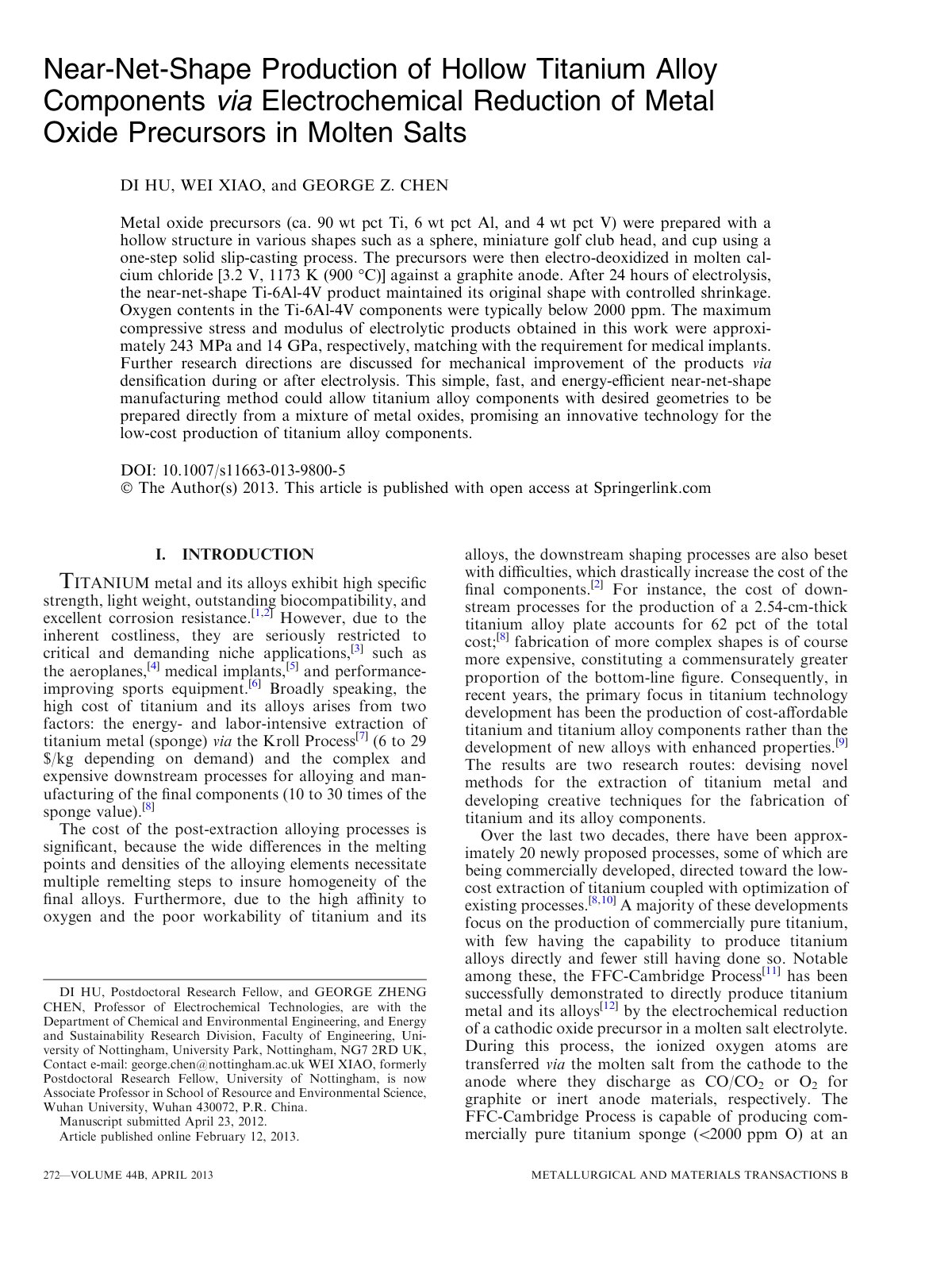 First page of Near-Net-Shape Production of Hollow Titanium Alloy Components via Electrochemical Reduction of Metal Oxide Precursors in Molten Salts
