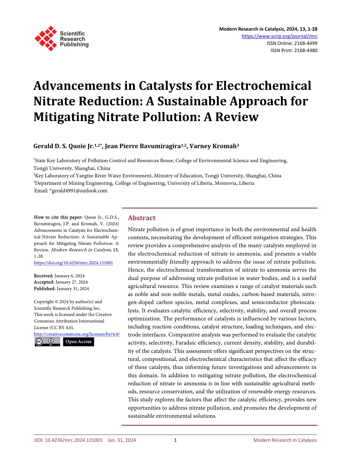 First page of Advancements in Catalysts for Electrochemical Nitrate Reduction: A Sustainable Approach for Mitigating Nitrate Pollution: A Review