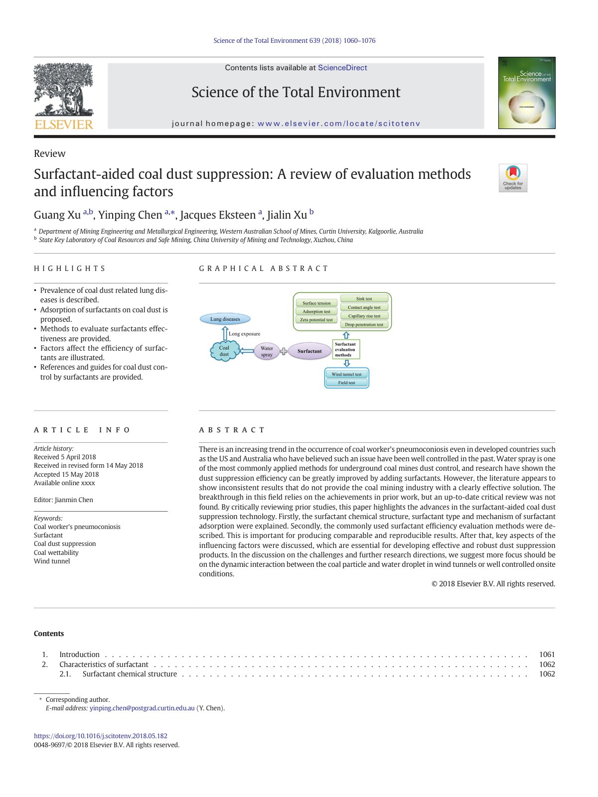 First page of Surfactant-aided coal dust suppression: A review of evaluation methods and influencing factors