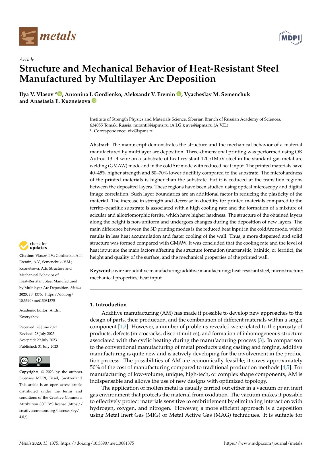 First page of Structure and Mechanical Behavior of Heat-Resistant Steel Manufactured by Multilayer Arc Deposition