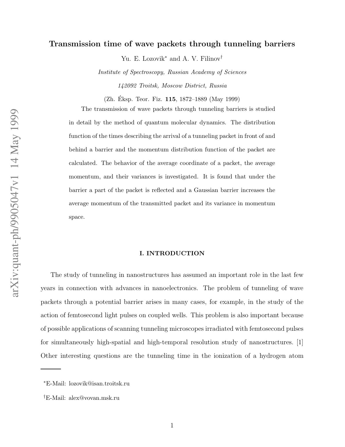 First page of Transmission times of wave packets tunne