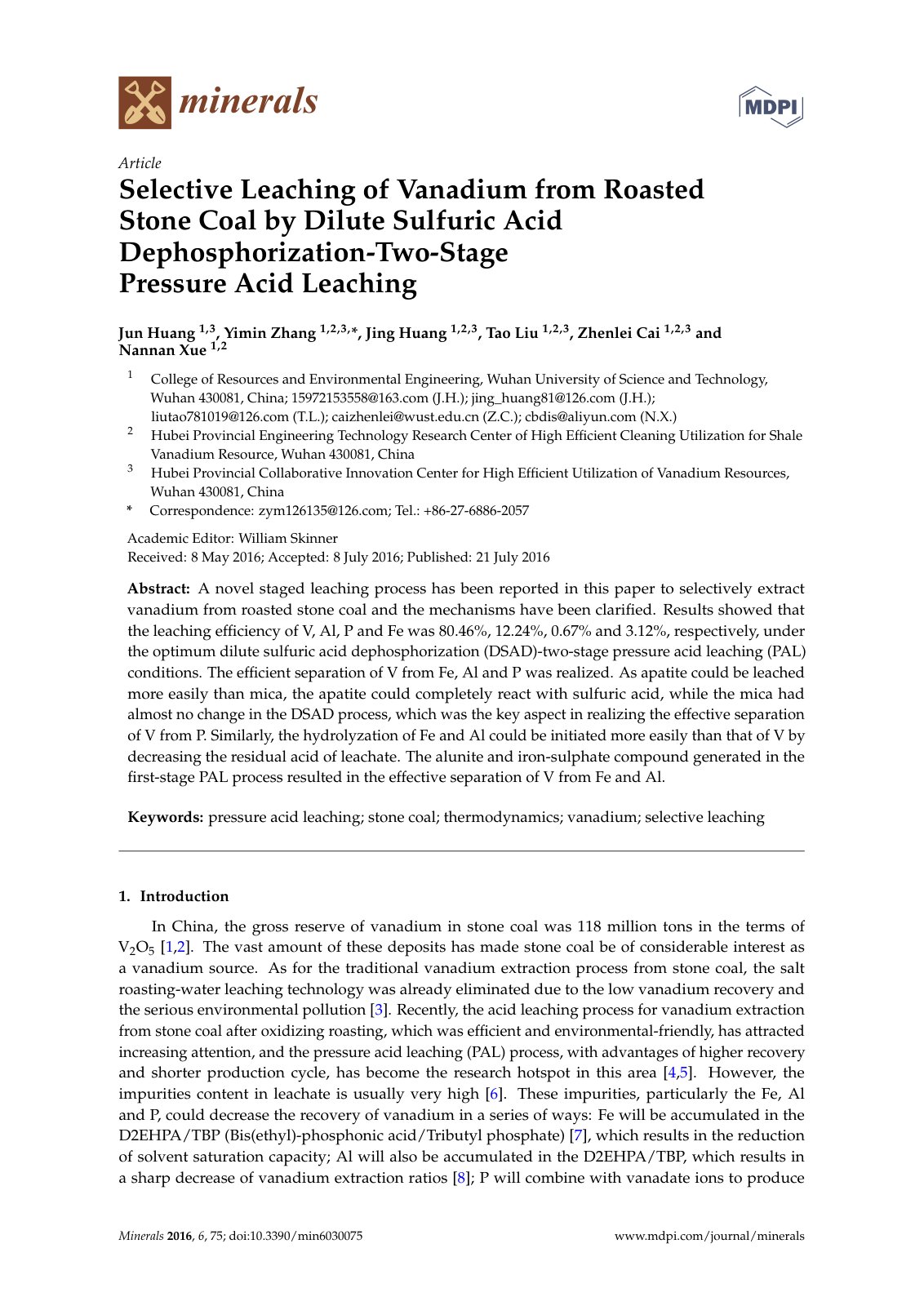 First page of 2016   Huang   Selective vanadium pressure leaching from stone coal