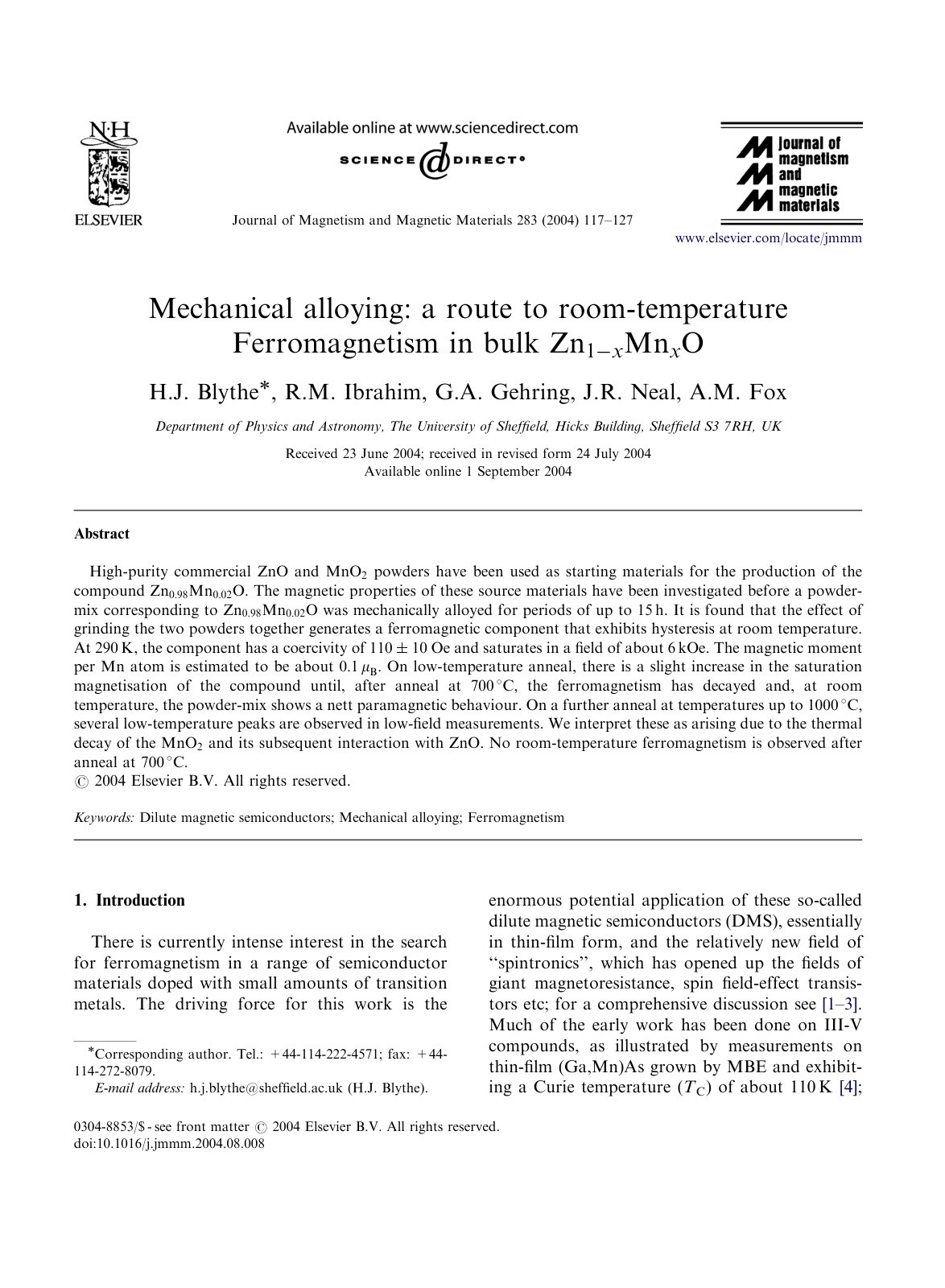First page of Mechanical alloying: a route to room-temperature Ferromagnetism in bulk Zn1/C0xMn xO